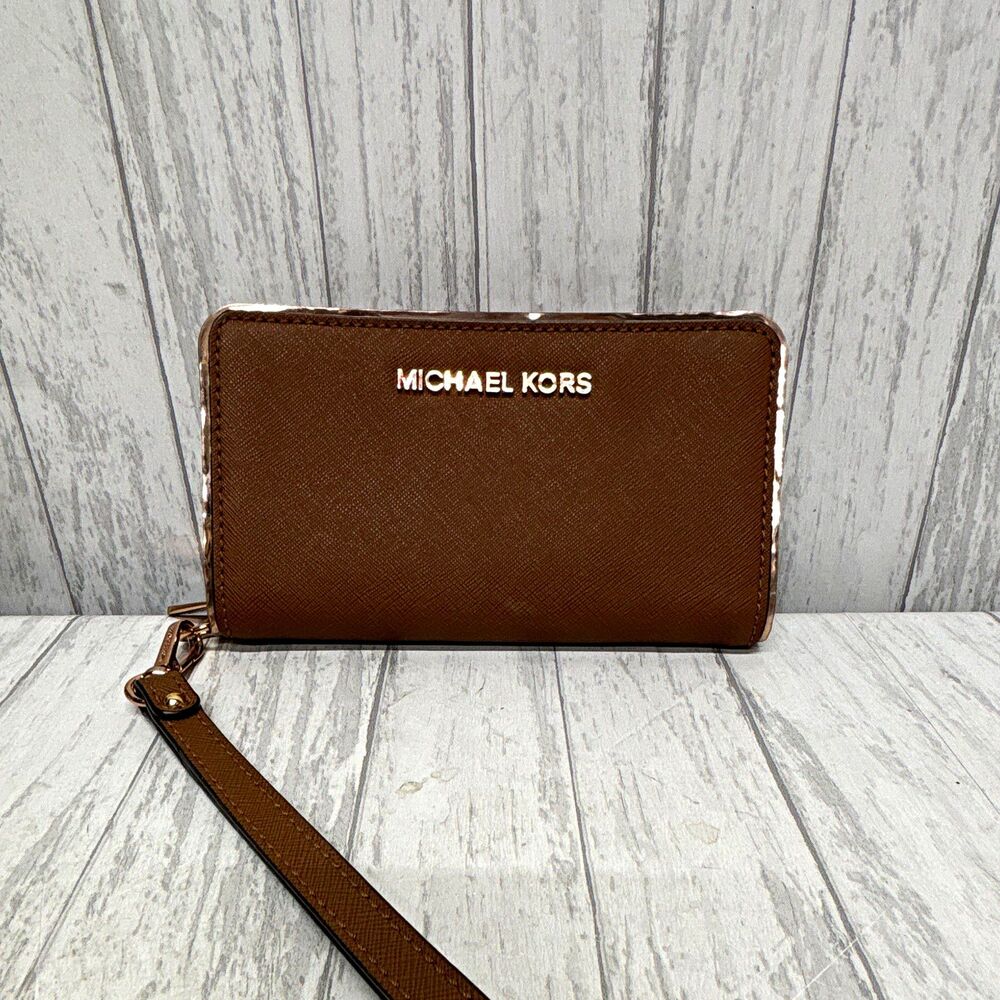 Michael Kors Brown Zip-Around Wristlet Wallet w/ Logo, Wrist Strap, Card Slots